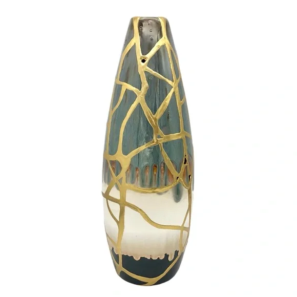 Kintsugi Vase 14” Drip Glaze Gold Crack Art Personal Growth Anniversary Gift - Picture 4 of 13